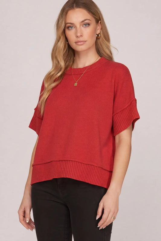 Drop Half Sleeve Crew Neck Sweater Top Red