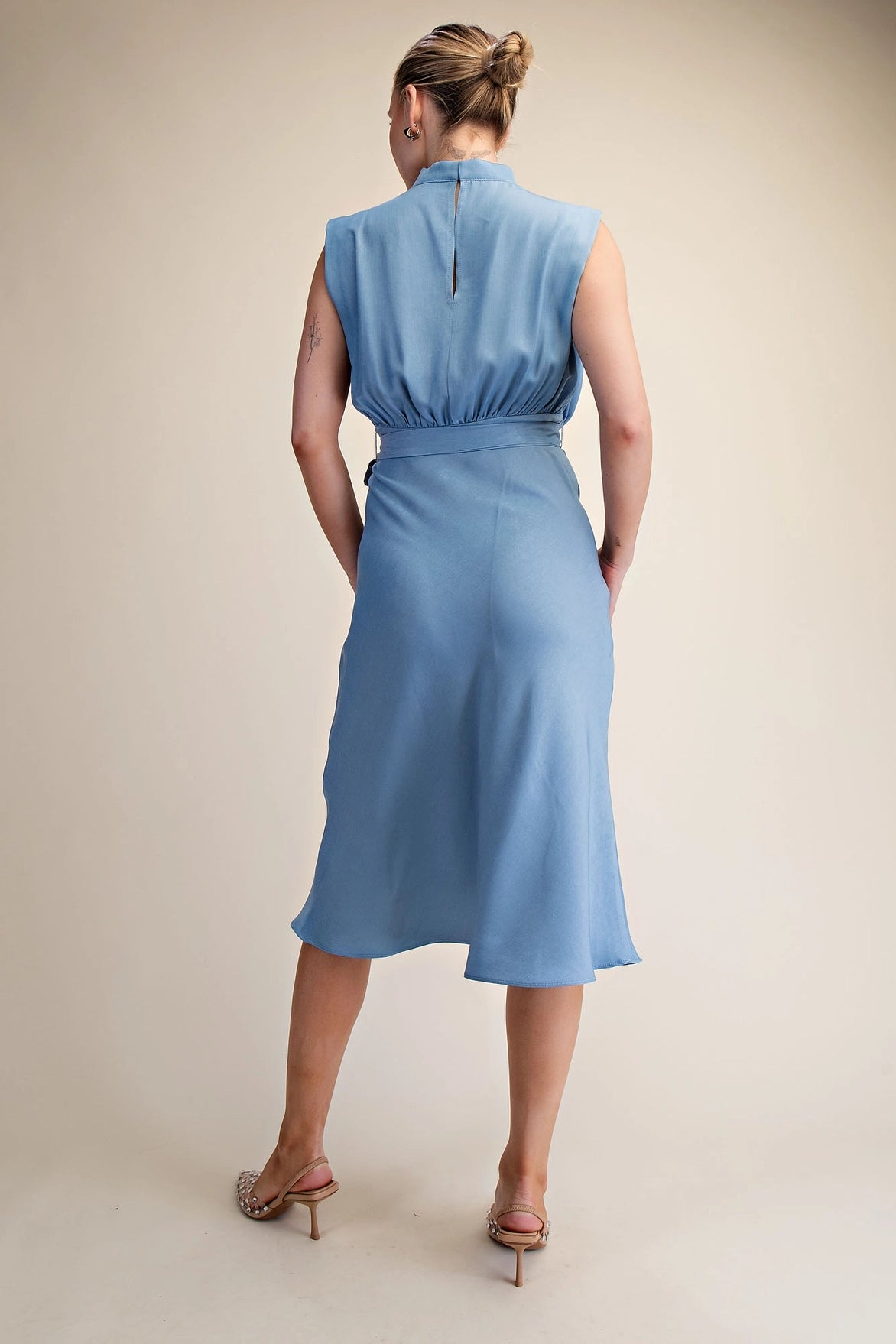 Cowl Neck Tie Waist Midi Dress