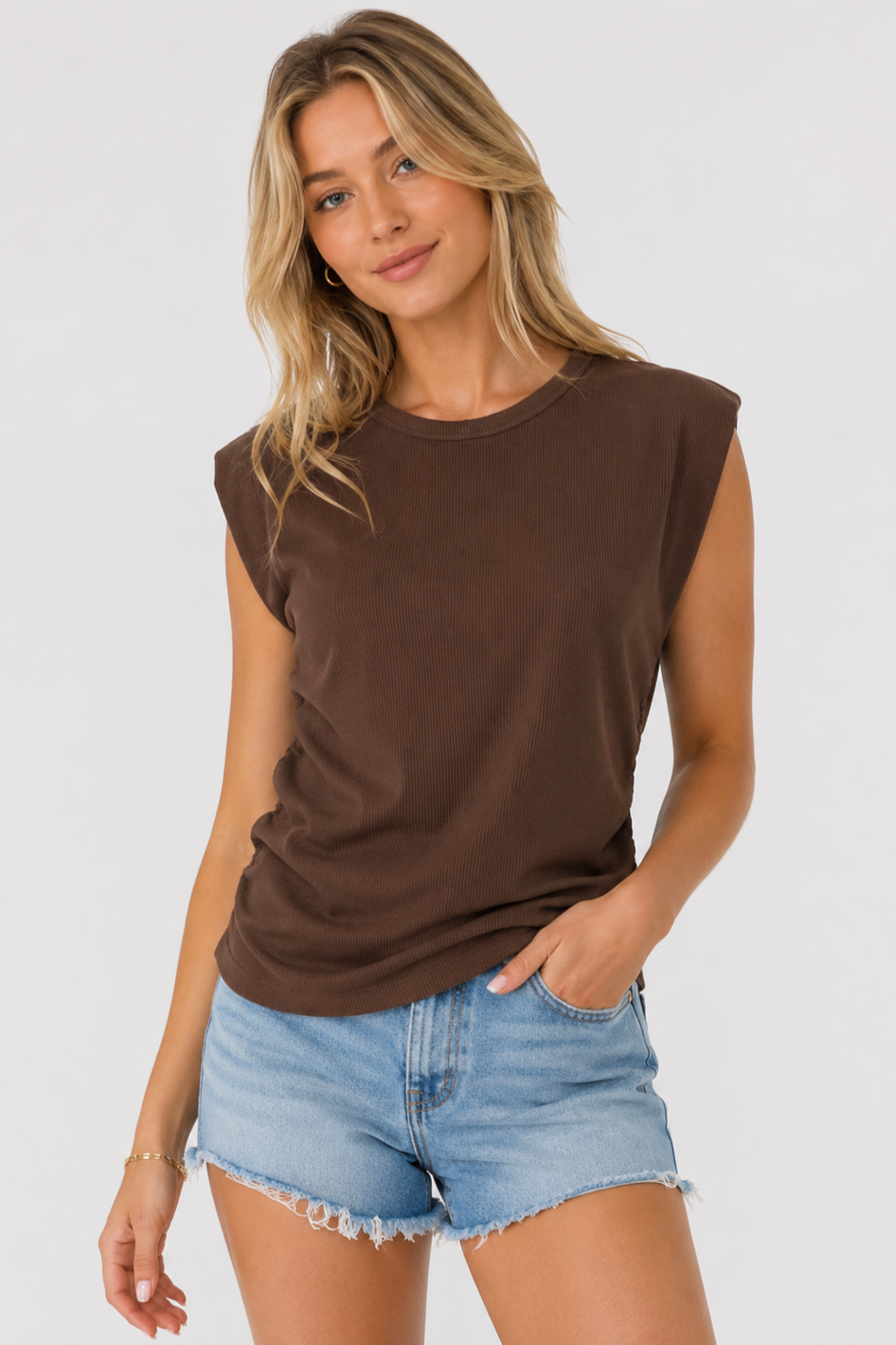 KLd Ribbed Top w/ Side Ruching Brown