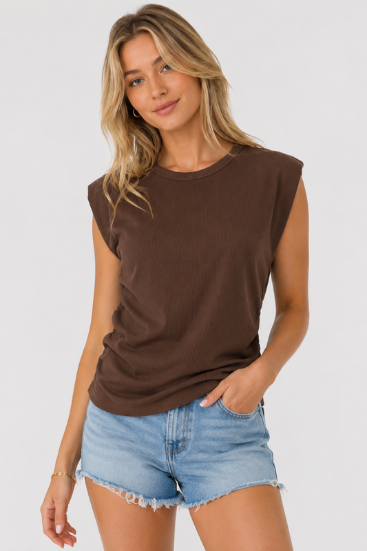 KLd Ribbed Top w/ Side Ruching Brown