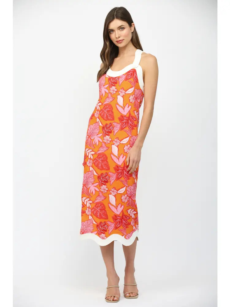 Wavy Edge Tropical Print Midi Dress