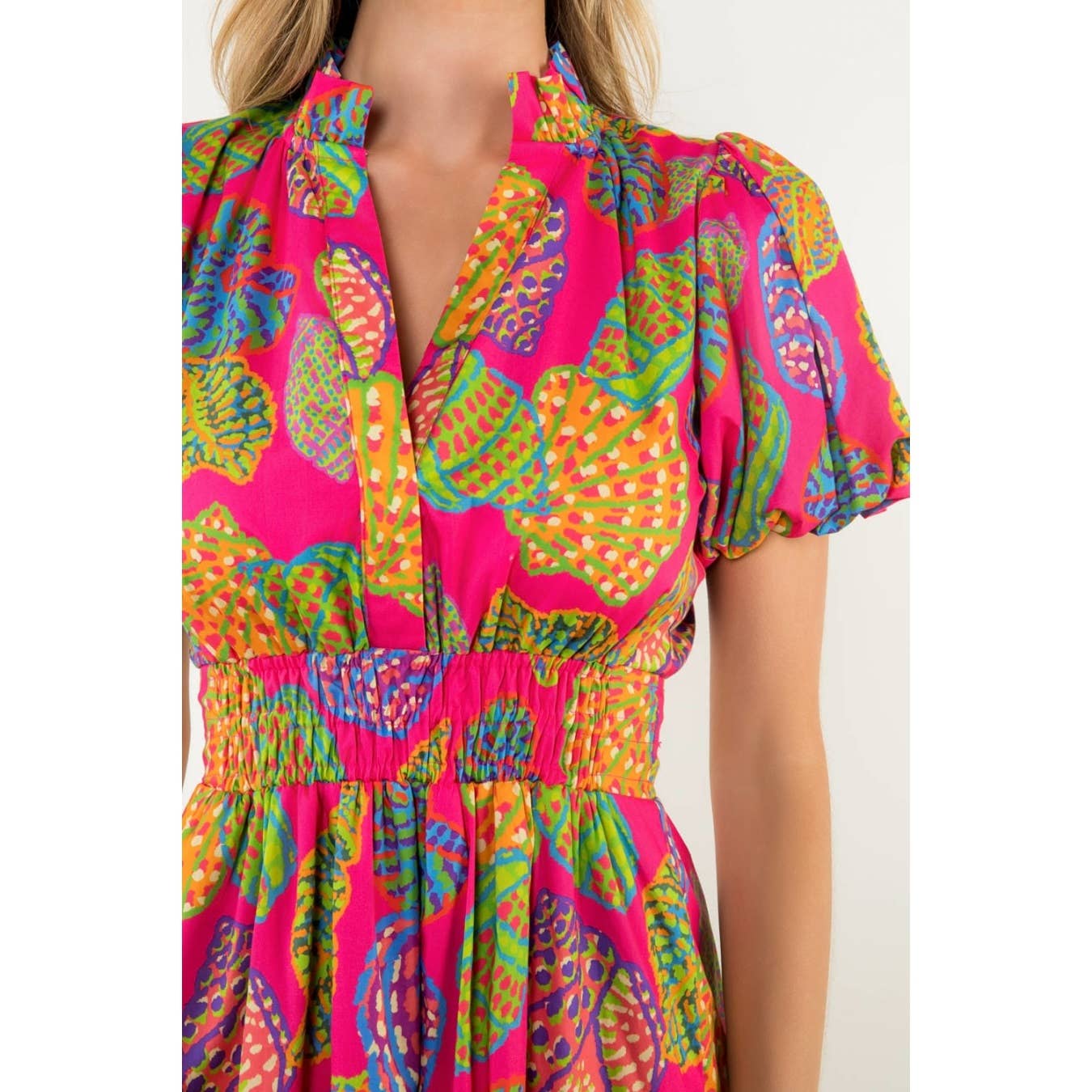 THML Smocked Waist Puff Sleeve Print Dress