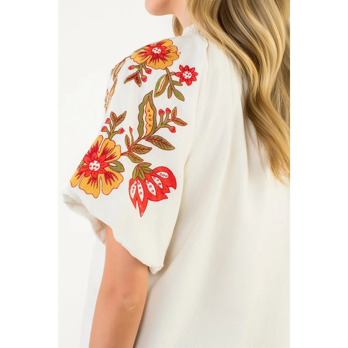 Embroidered Detail Puff Sleeve Corduroy Top