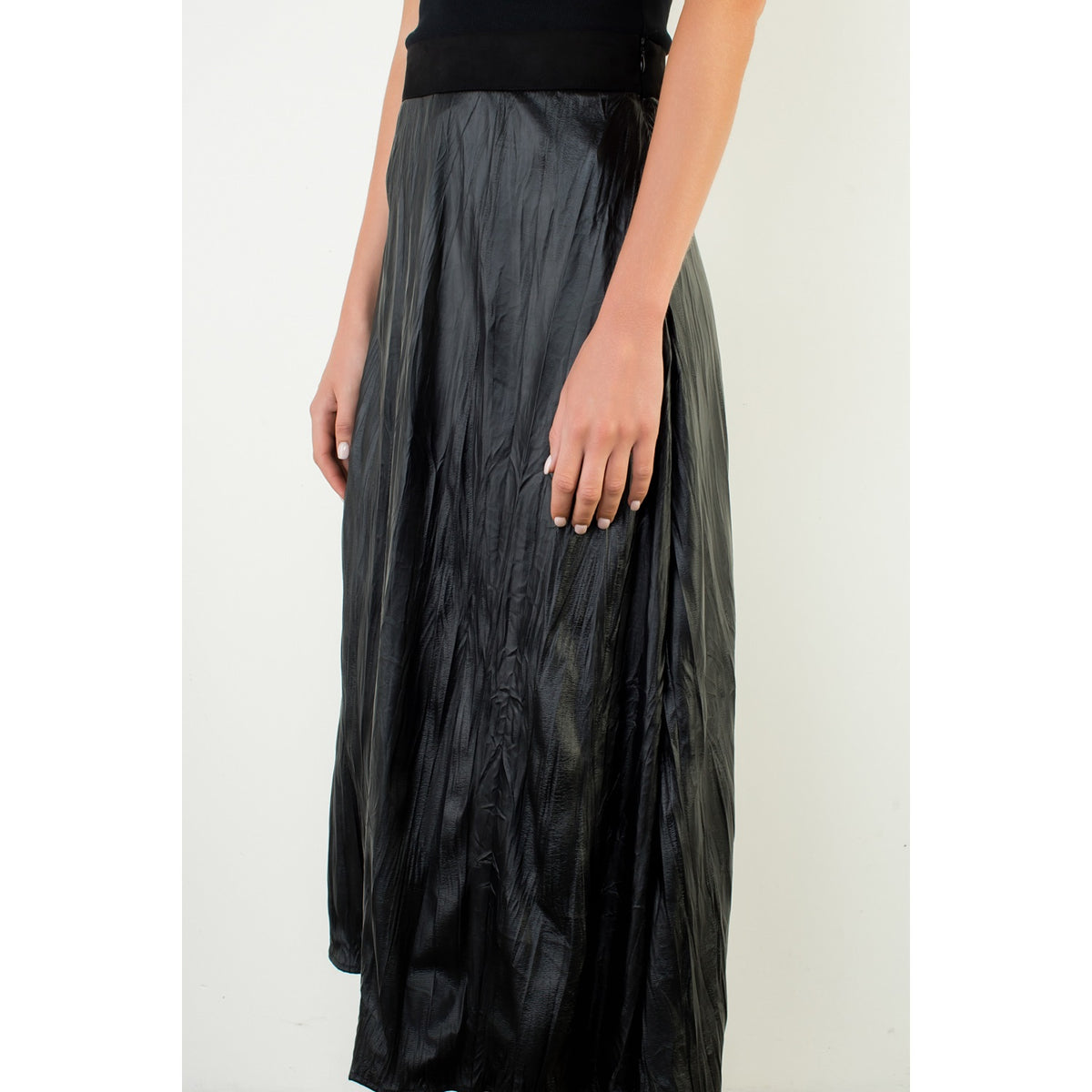Crinkled Leather Midi Skirt Black