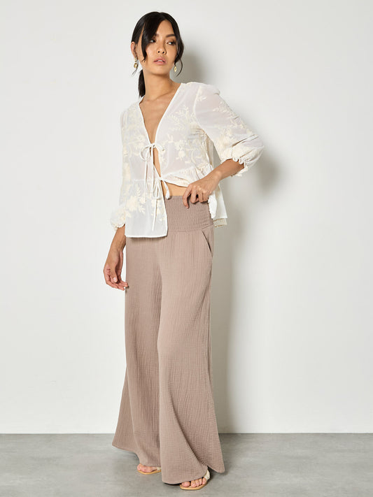 Apricot Cotton Weave Wide Leg Trousers