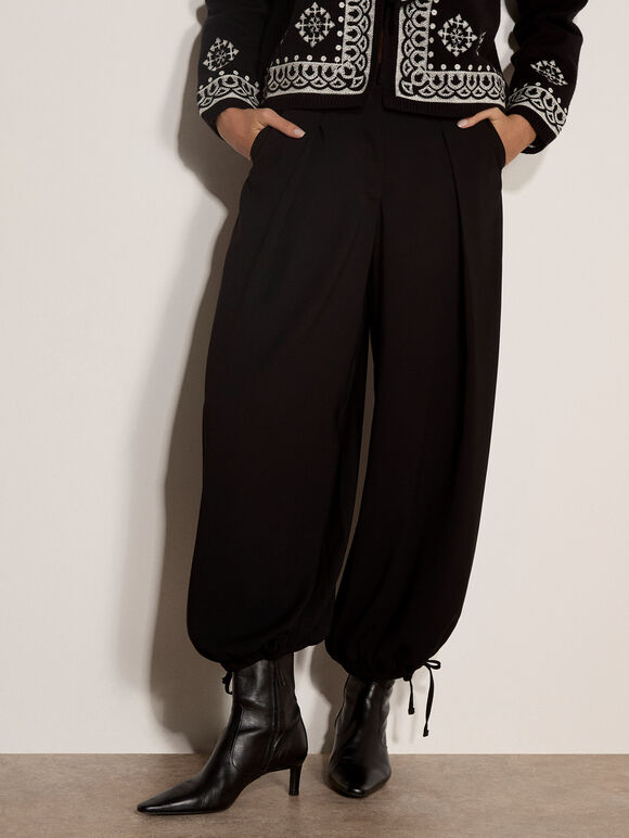Pleated Tie Cuff Balloon Trouser Black