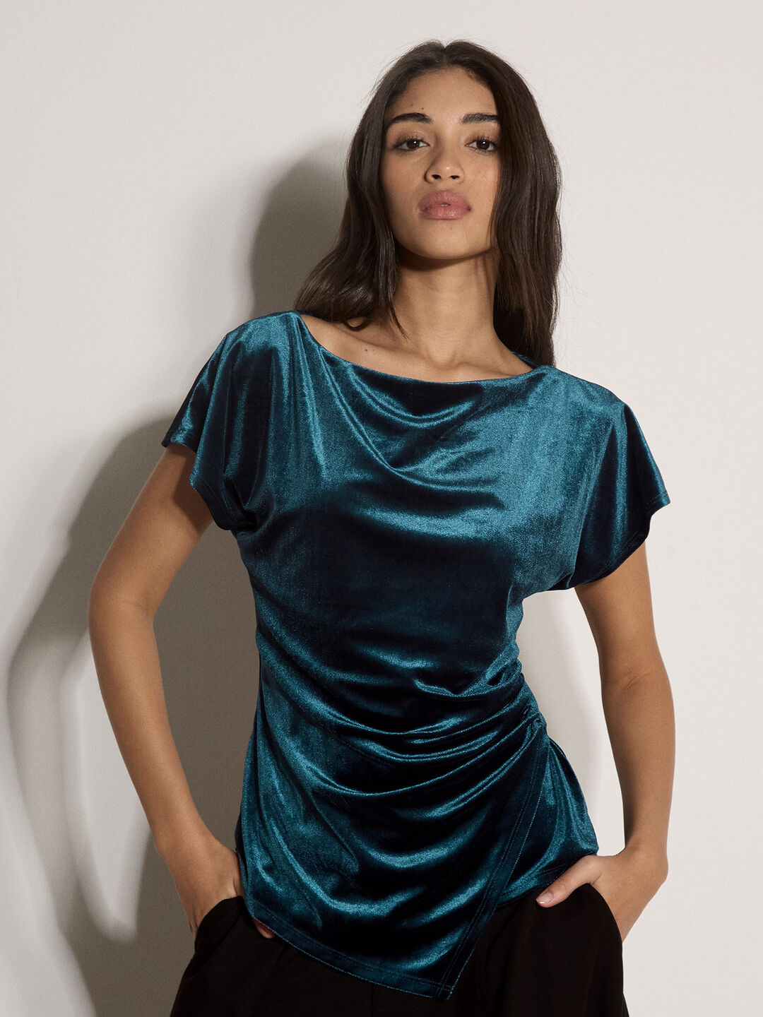 Velvet Side Ruched Asymmetric Top