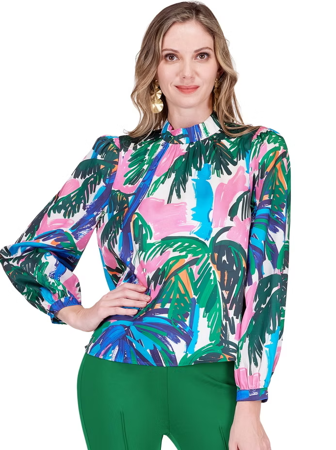 JADE Printed Palms Stand Collar Top