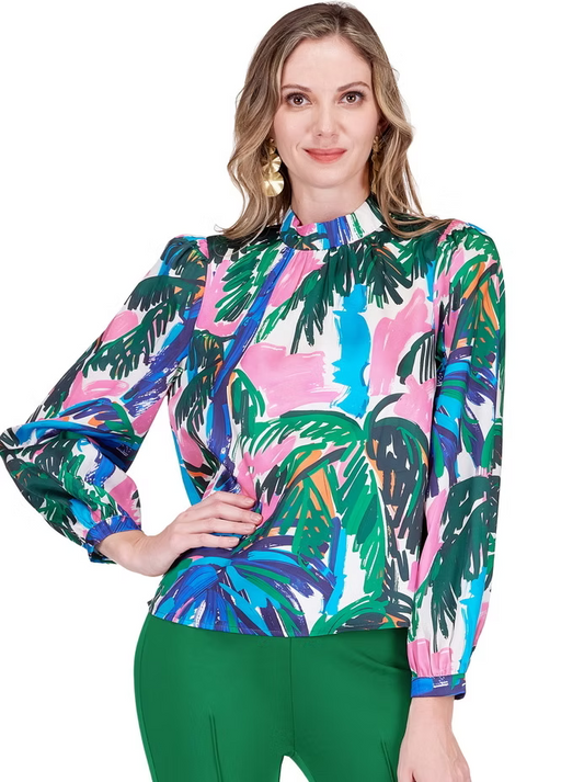 JADE Printed Palms Stand Collar Top