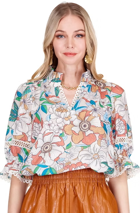 Joy Joy Whimsical Floral Split Neck Top