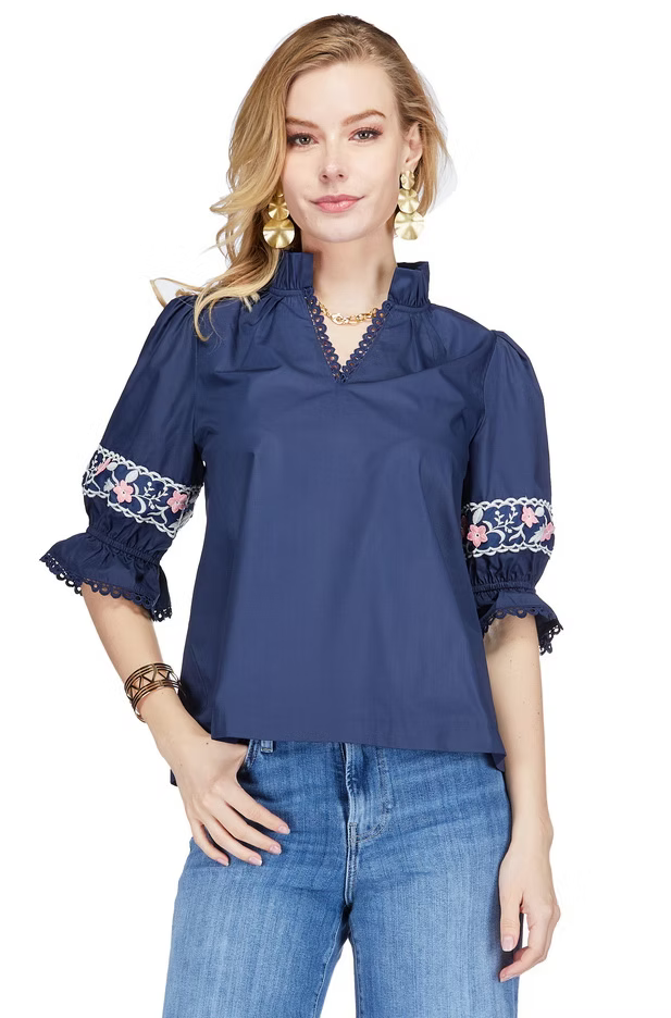 Joy Joy Floral Trim Split Neck Top Navy