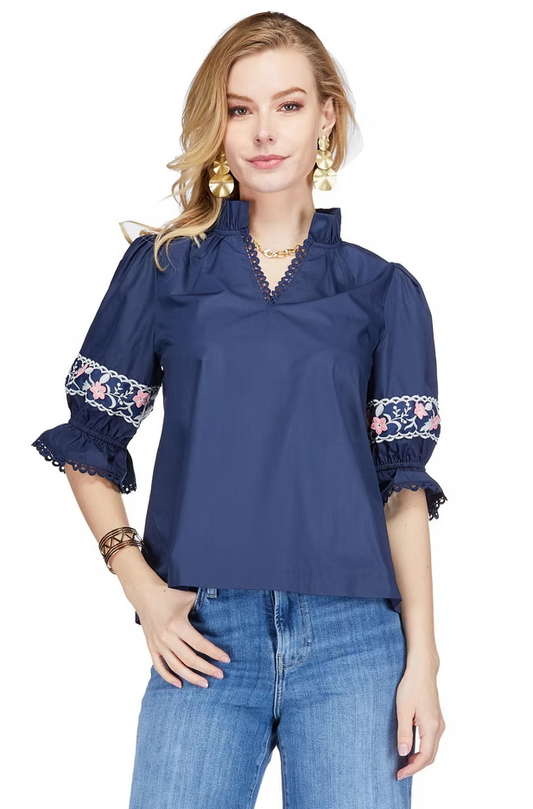 Joy Joy Floral Trim Split Neck Top Navy