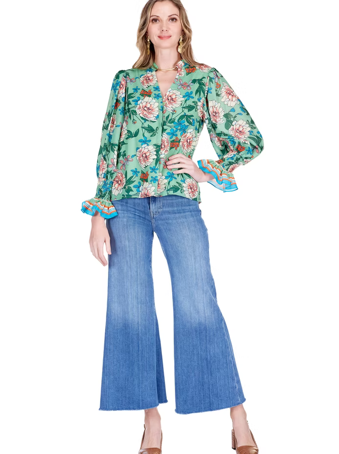 JADE Split V Neck Blouse Dahlia Border