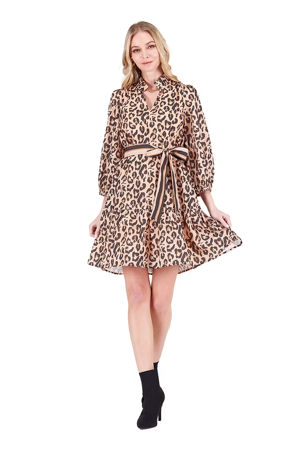 Joy Joy Brown Leopard Split Neck Flounce Dress