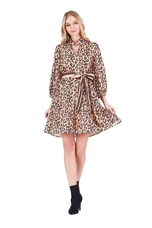 Joy Joy Brown Leopard Split Neck Flounce Dress