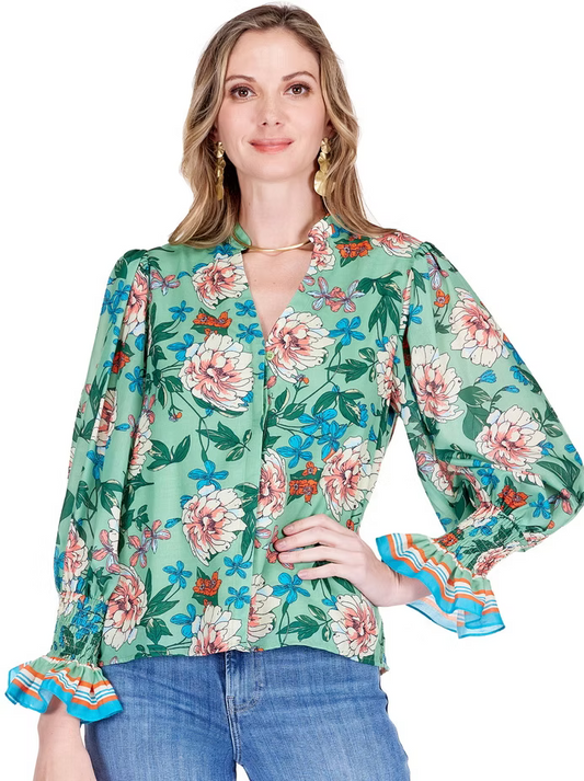 JADE Split V Neck Blouse Dahlia Border