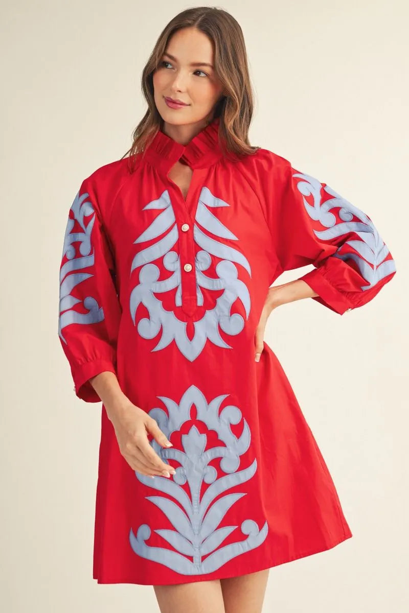 Applique Shift Dress Red/Blue