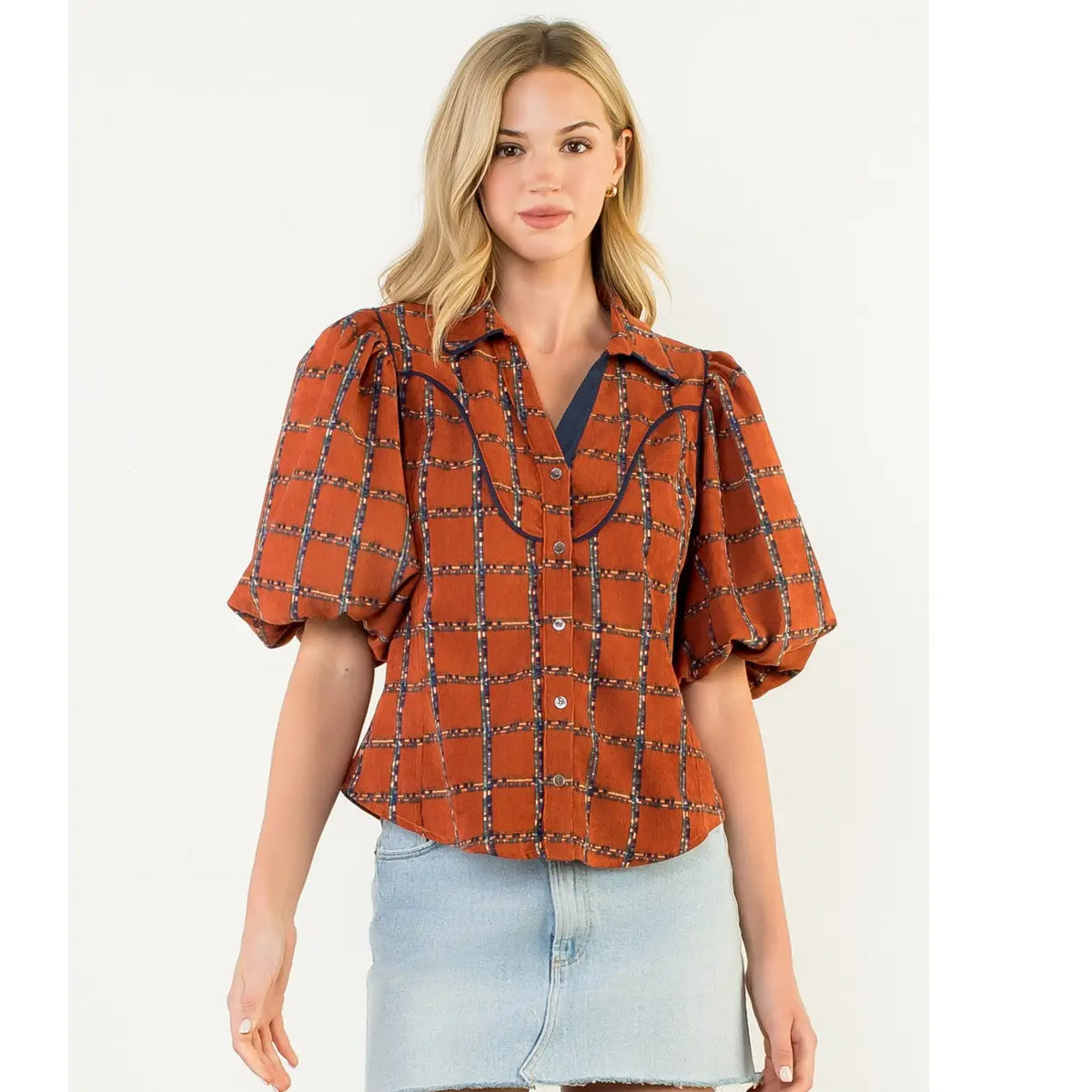 Puff Sleeve Plaid Corduroy Top