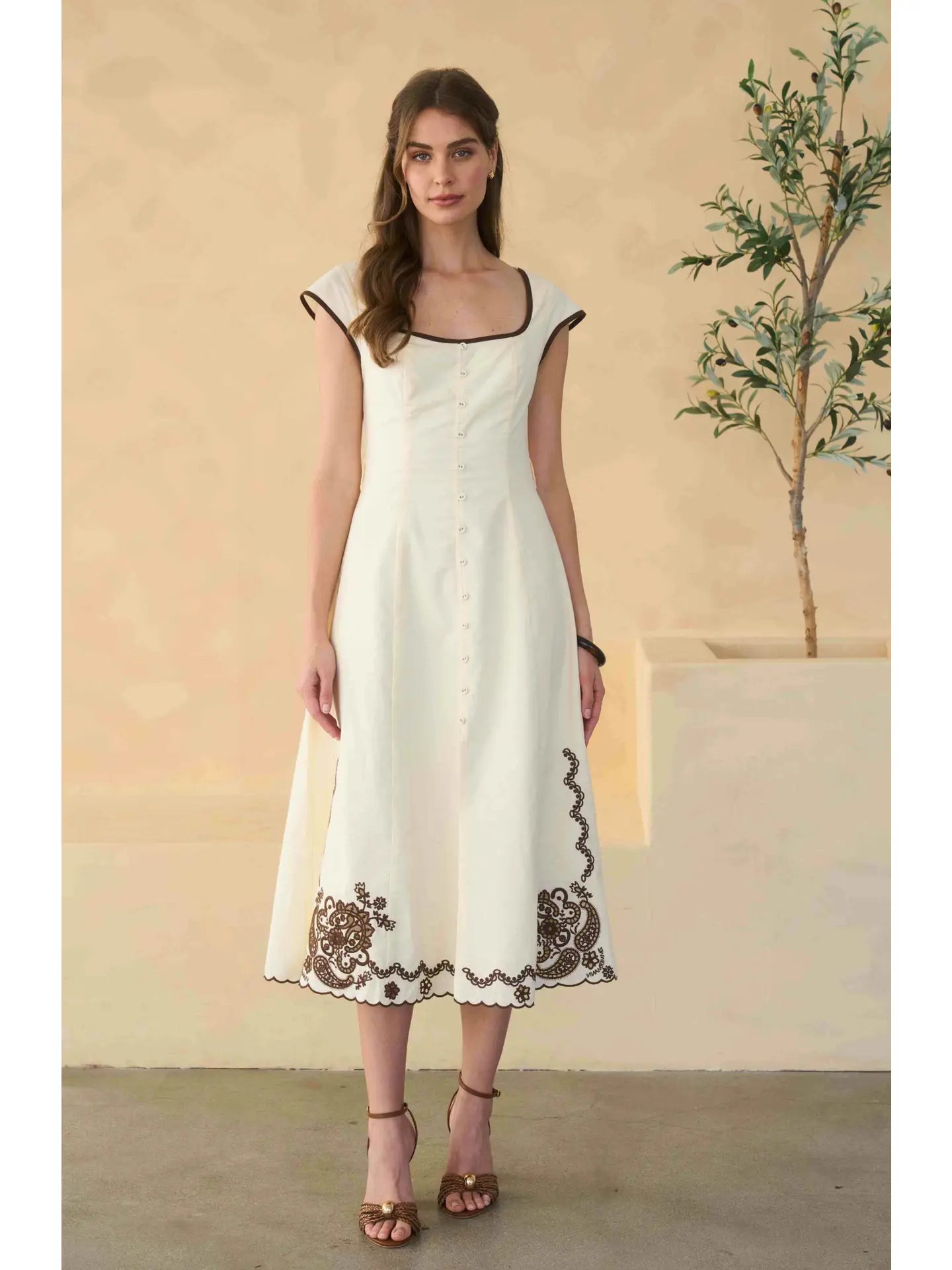 Moon River Embroidery Detail Midi Dress Cream Multi