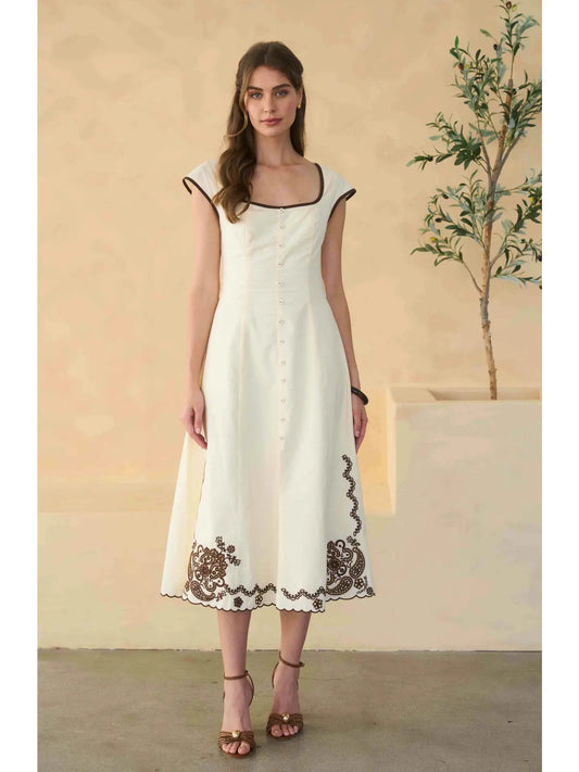 Moon River Embroidery Detail Midi Dress Cream Multi