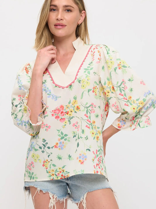 Floral Stand Collar Scalloped Yoke Trim Blouse