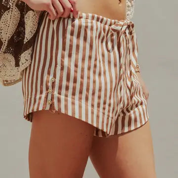 Retro Striped Side Button Lounge Shorts Brown