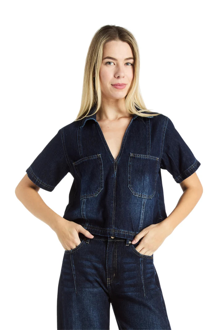 Tractr V-Neck Denim Boxy Shirt