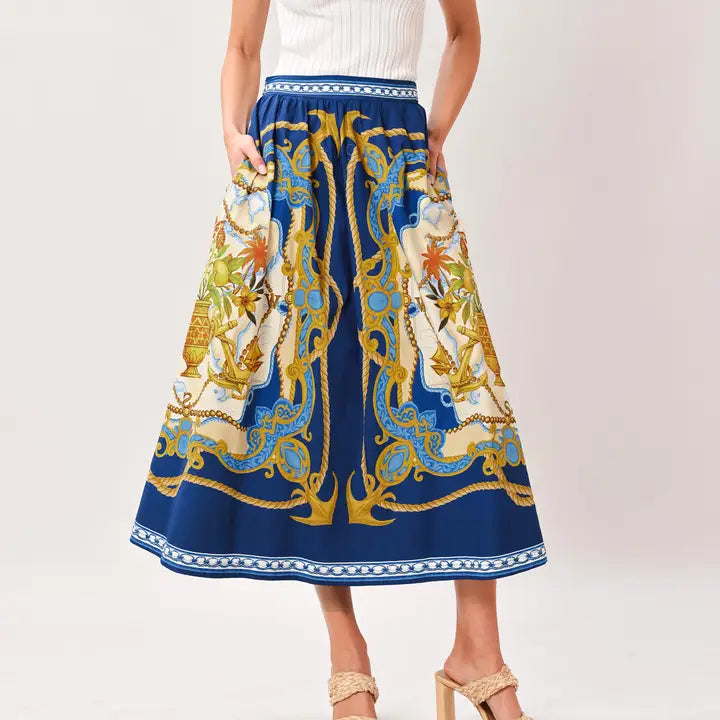 Printed Woven Midi Skirt Navy Multi