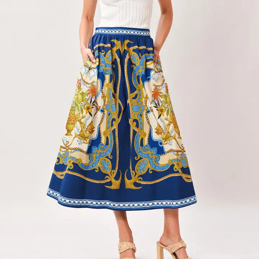 Printed Woven Midi Skirt Navy Multi