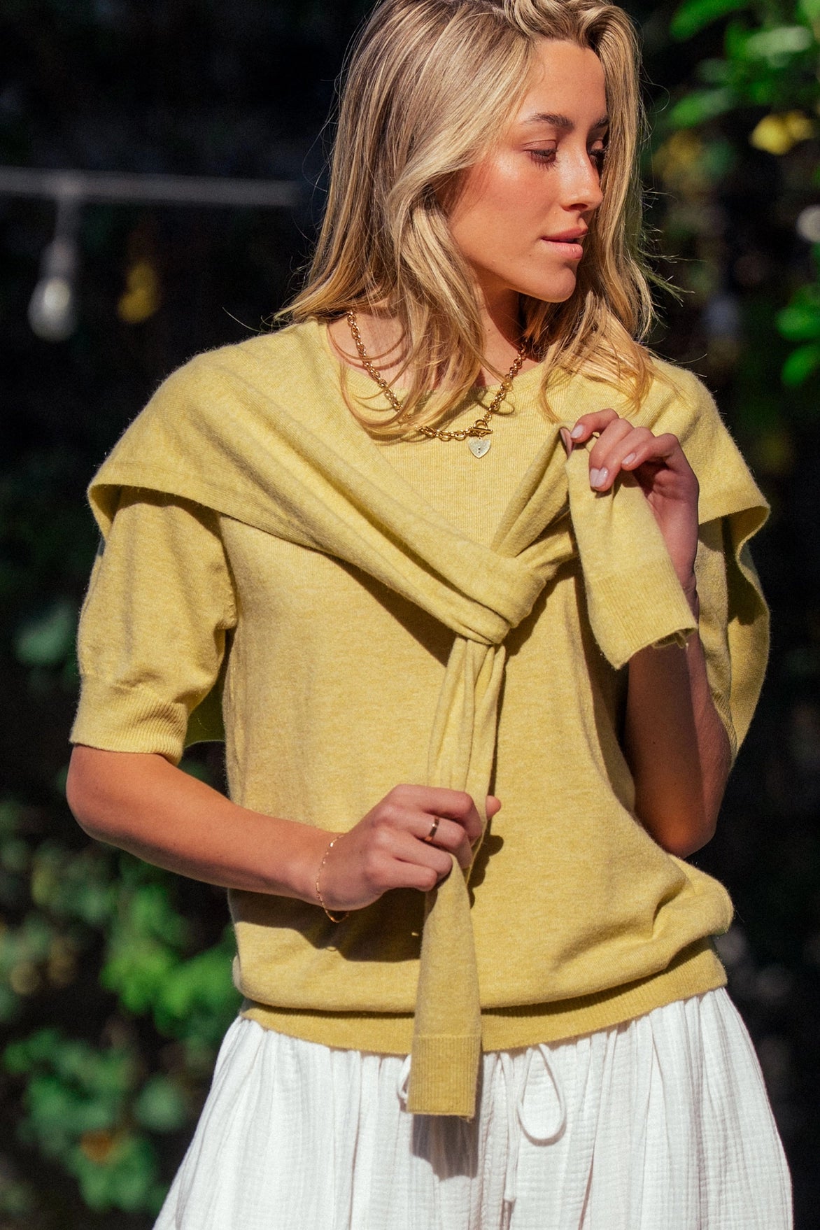 Faux Layered Tie Front Knit Top Light Green