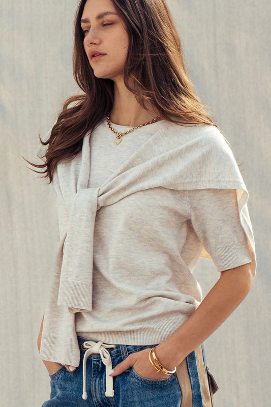 Faux Layered Tie Front Knit Top Oatmeal