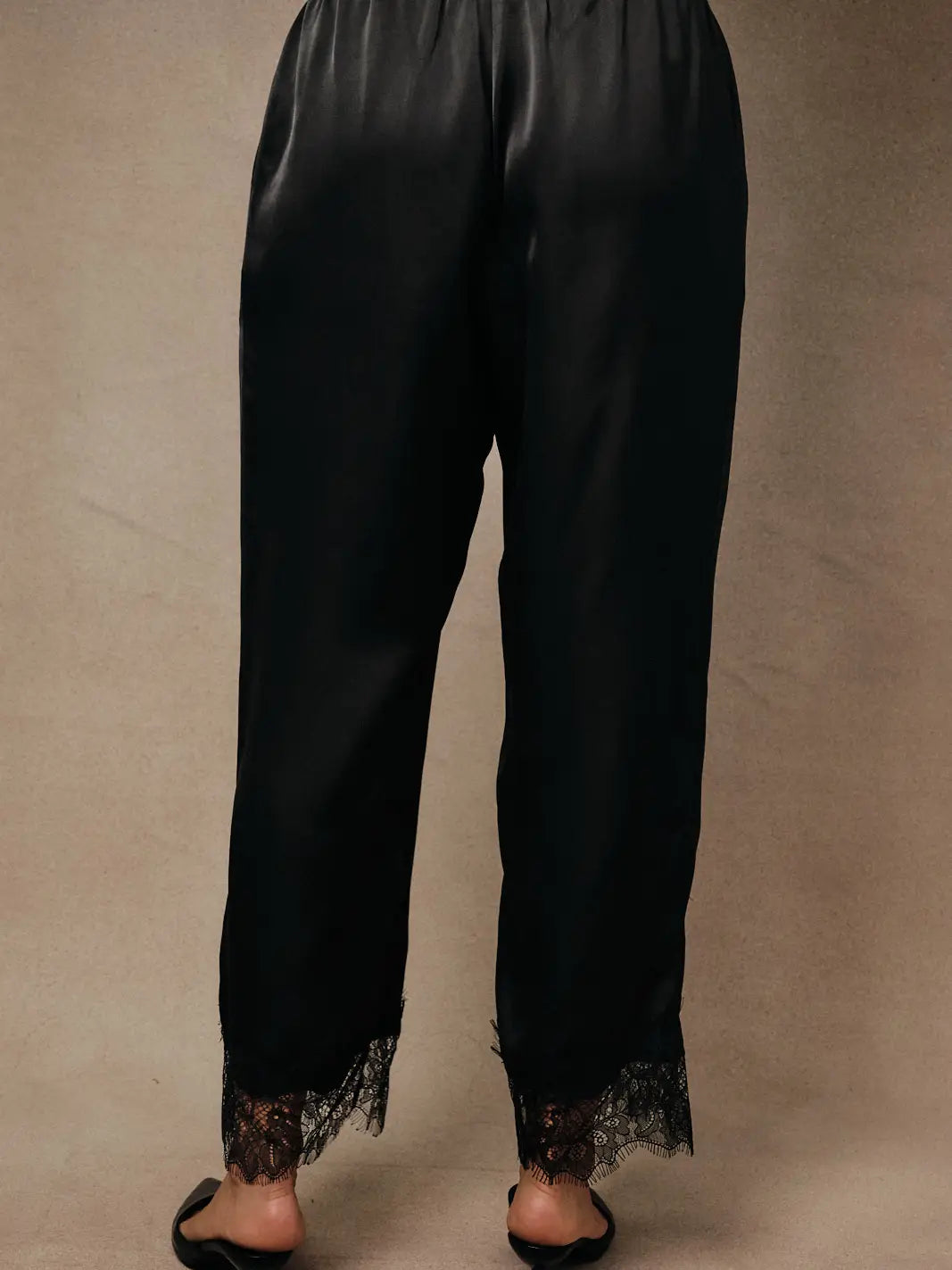 High Waist Lace Hem Satin Pants Black
