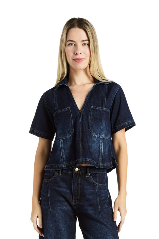 Tractr V-Neck Denim Boxy Shirt