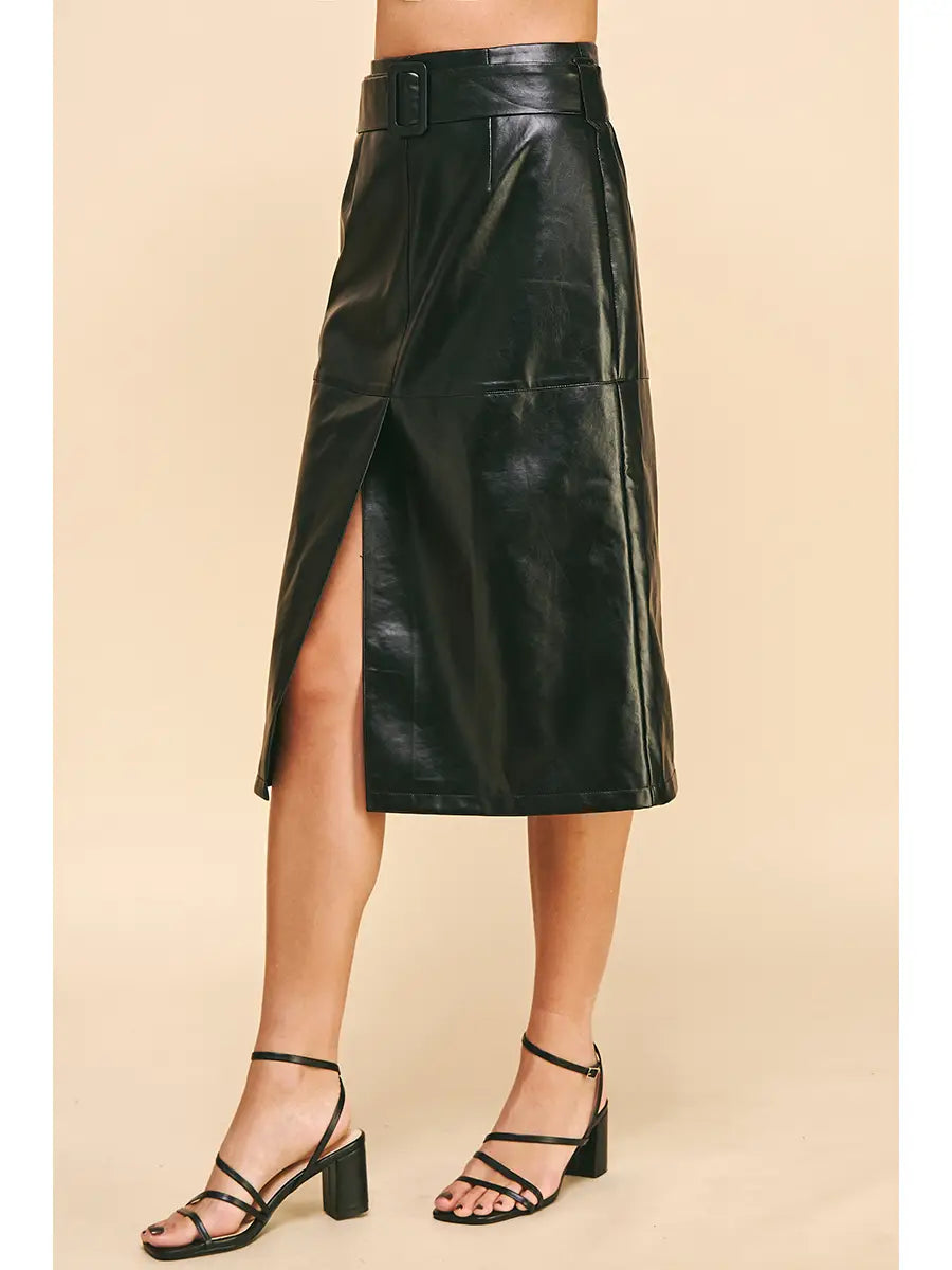 Belted PU Leather Midi Skirt