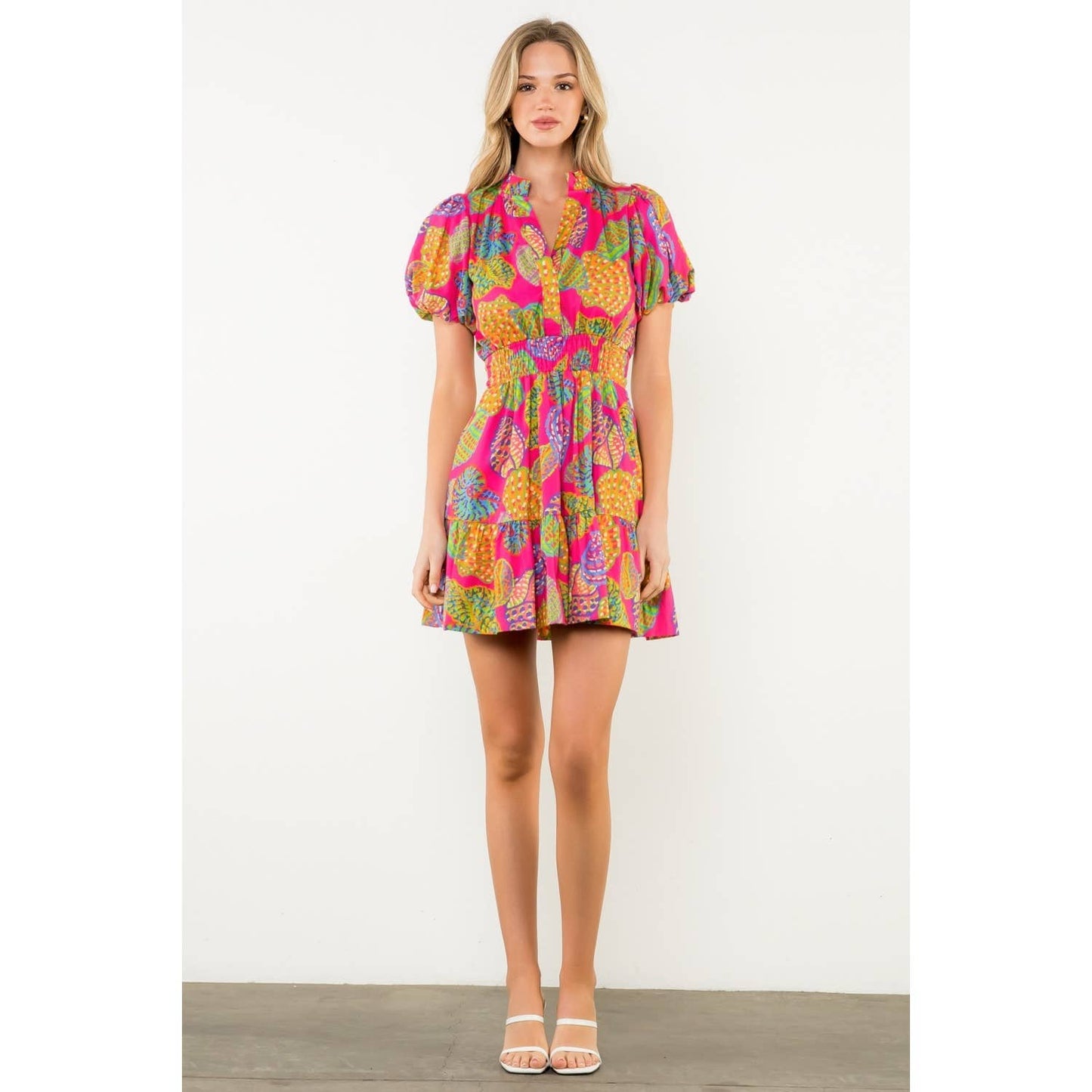 THML Smocked Waist Puff Sleeve Print Dress