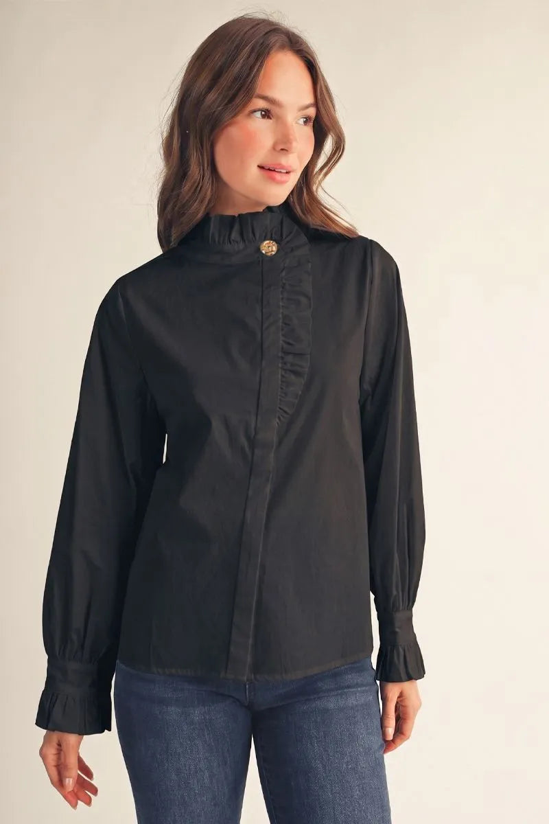 Diagonal Front Button Blouse Black