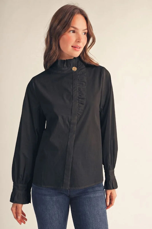 Diagonal Front Button Blouse Black