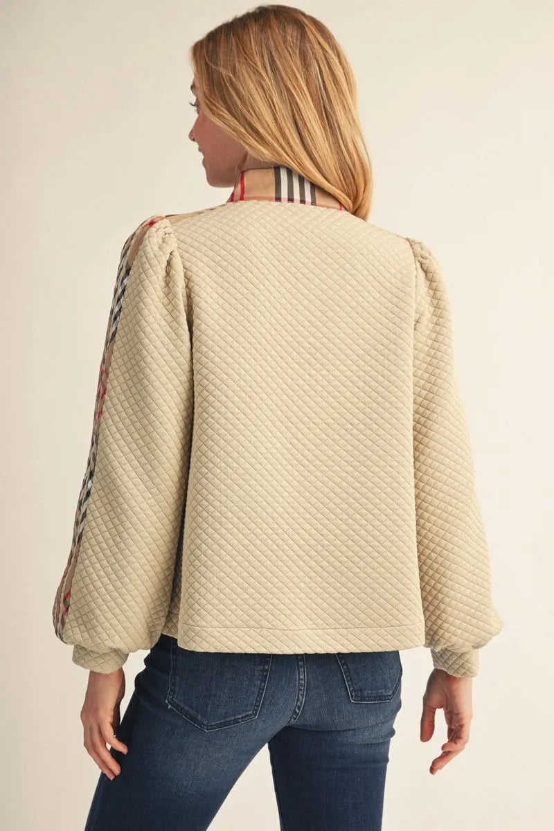 Zip Up Textured Top w Plaid Detail
