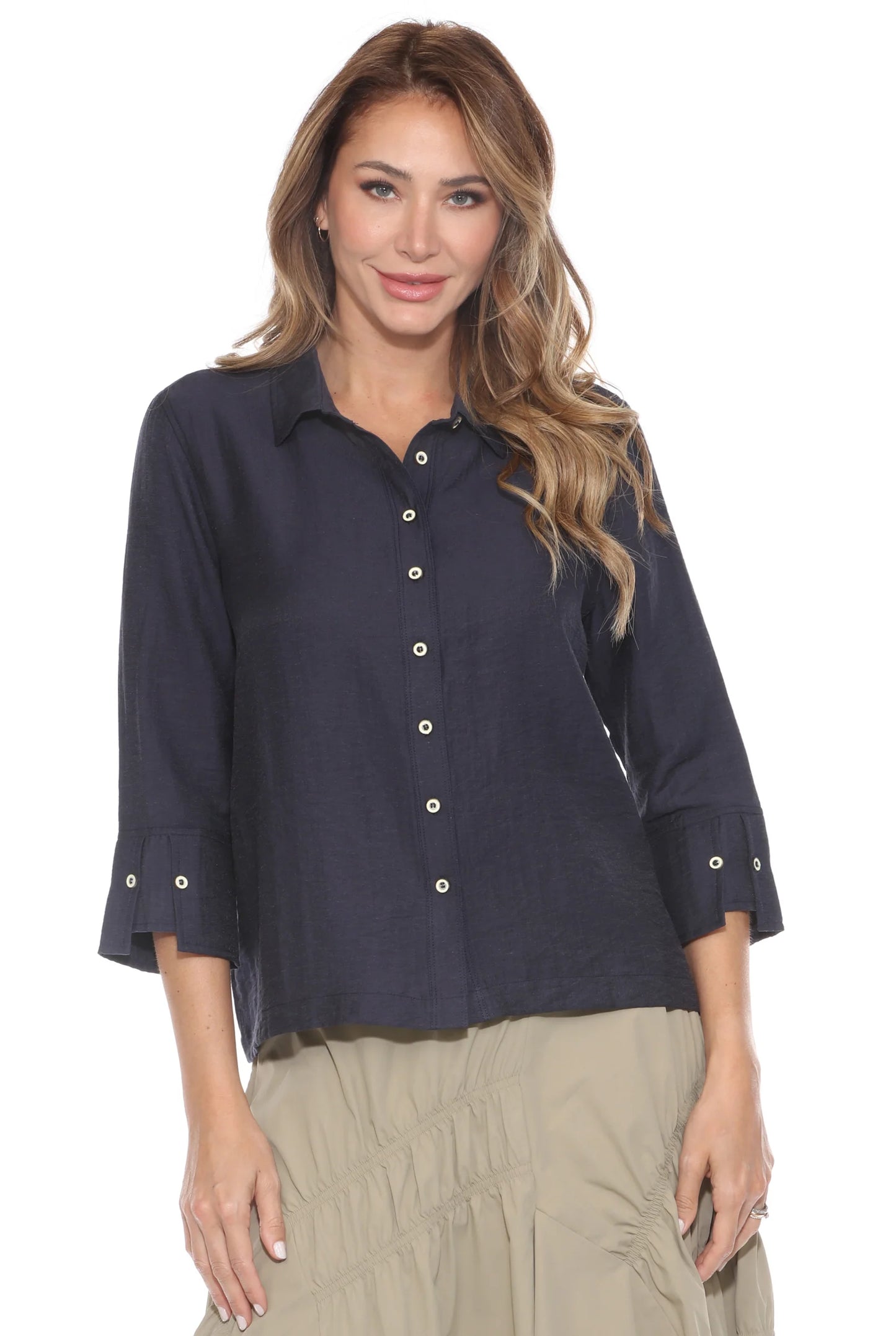 Carine Linen Blend Collared Blouse Navy