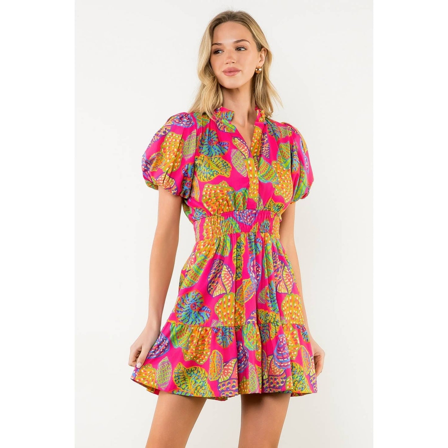 THML Smocked Waist Puff Sleeve Print Dress