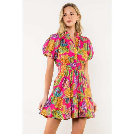 THML Smocked Waist Puff Sleeve Print Dress