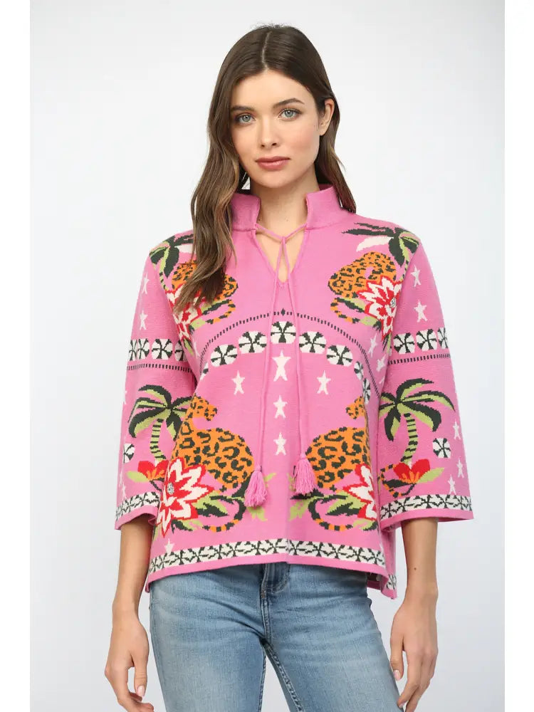 Front Neck Tie Print Knit Sweater