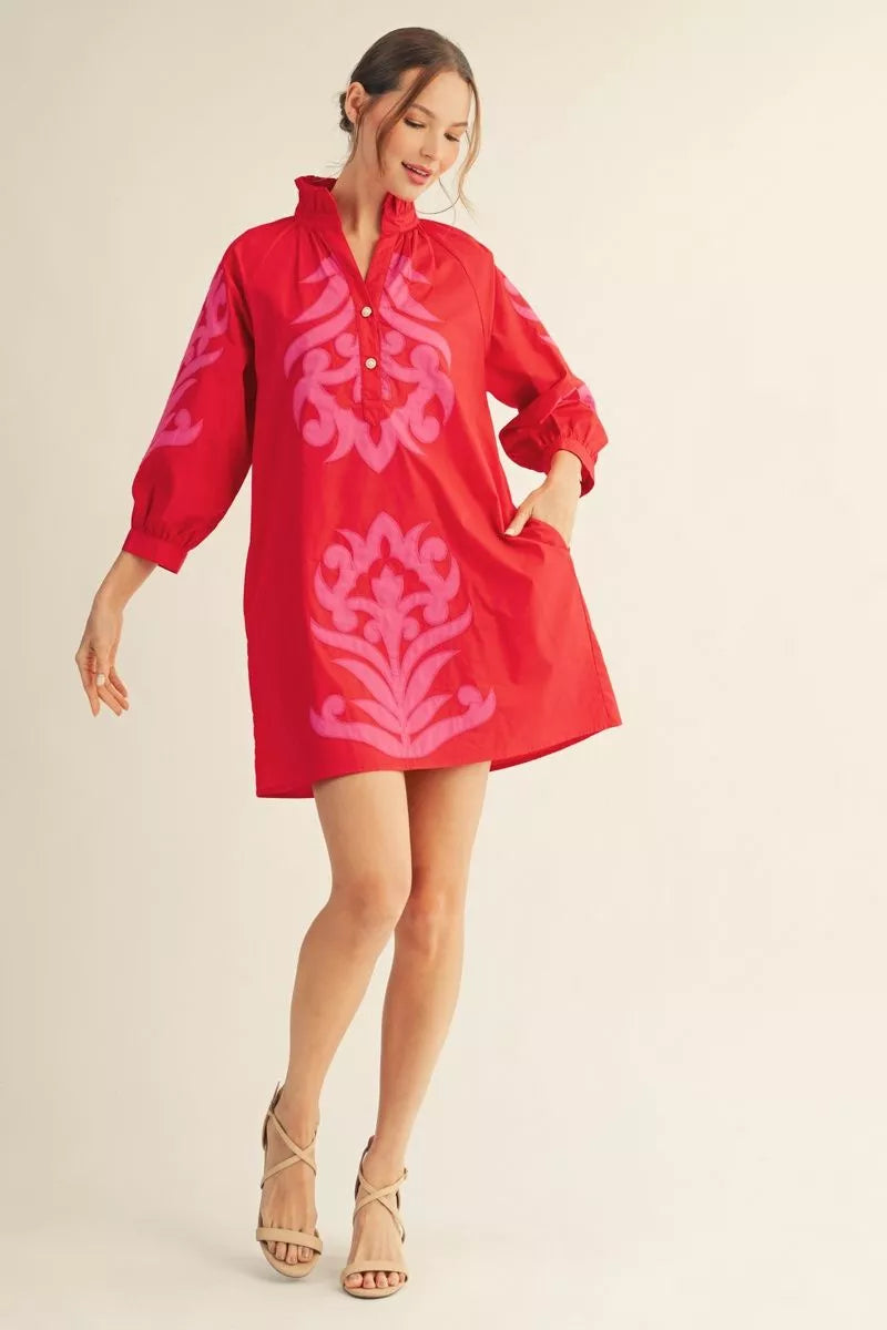Applique Shift Dress Red