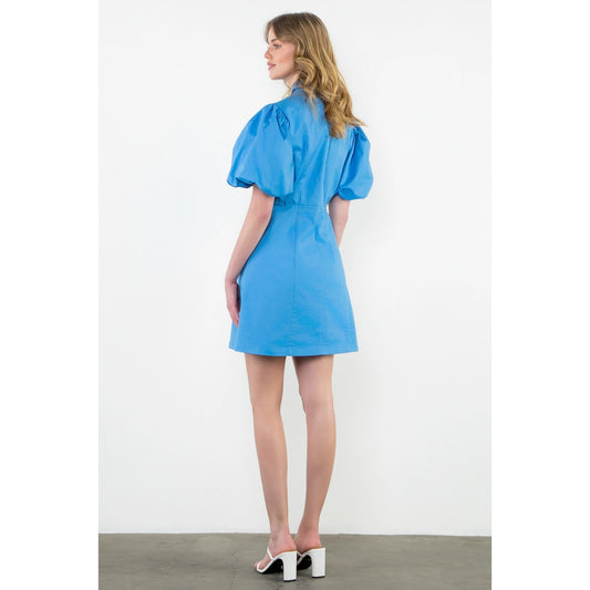 THML Puff Sleeve Button Up Dress Blue