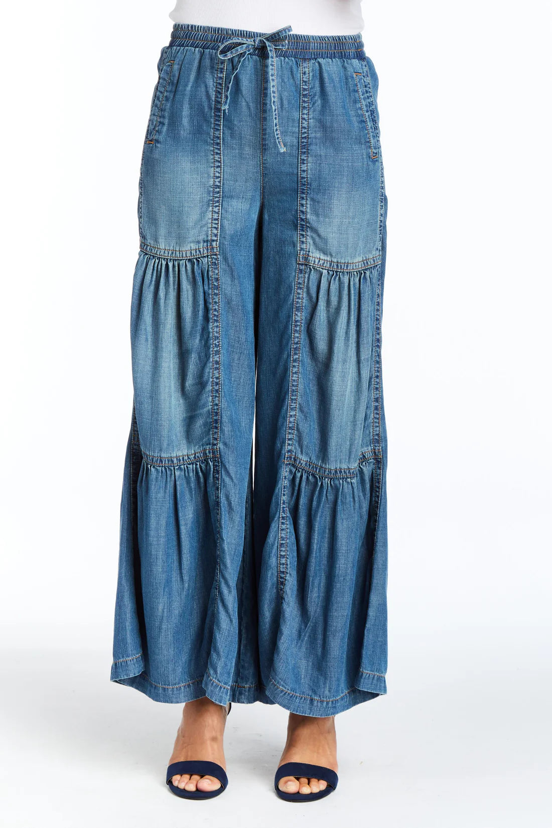 Drawstring Tiered Wide Leg Pull On Jean
