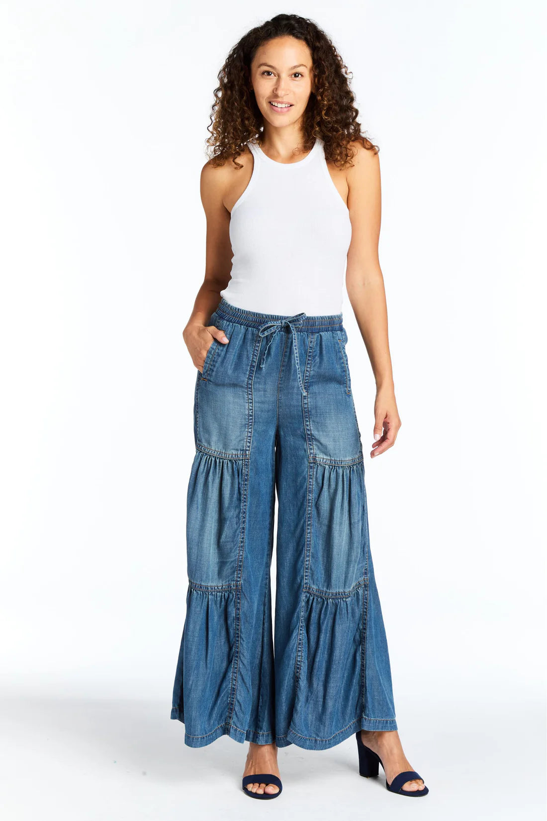 Drawstring Tiered Wide Leg Pull On Jean
