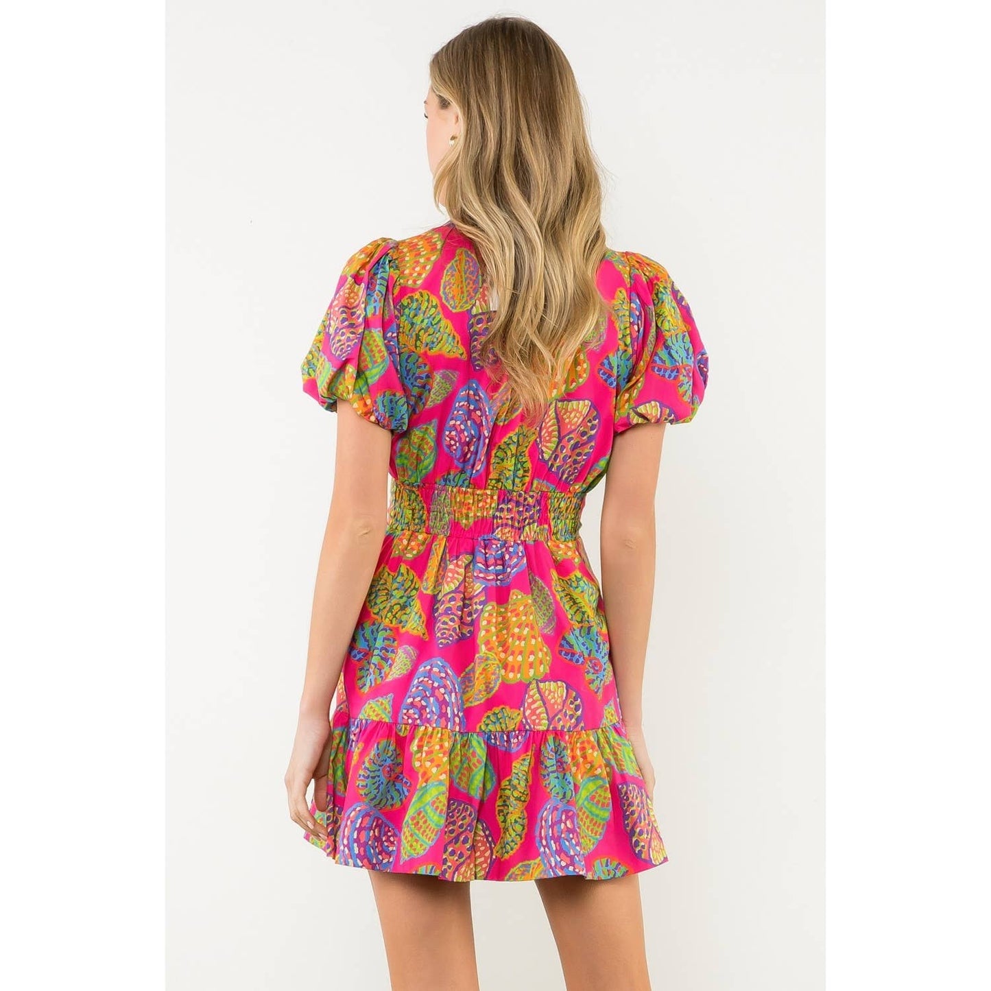 THML Smocked Waist Puff Sleeve Print Dress