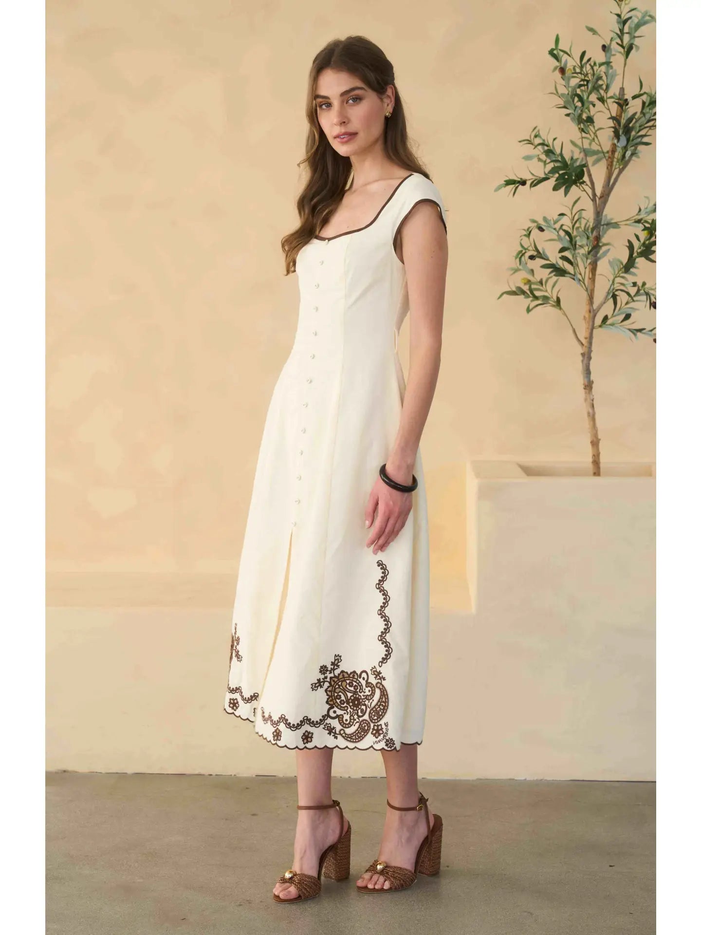Moon River Embroidery Detail Midi Dress Cream Multi
