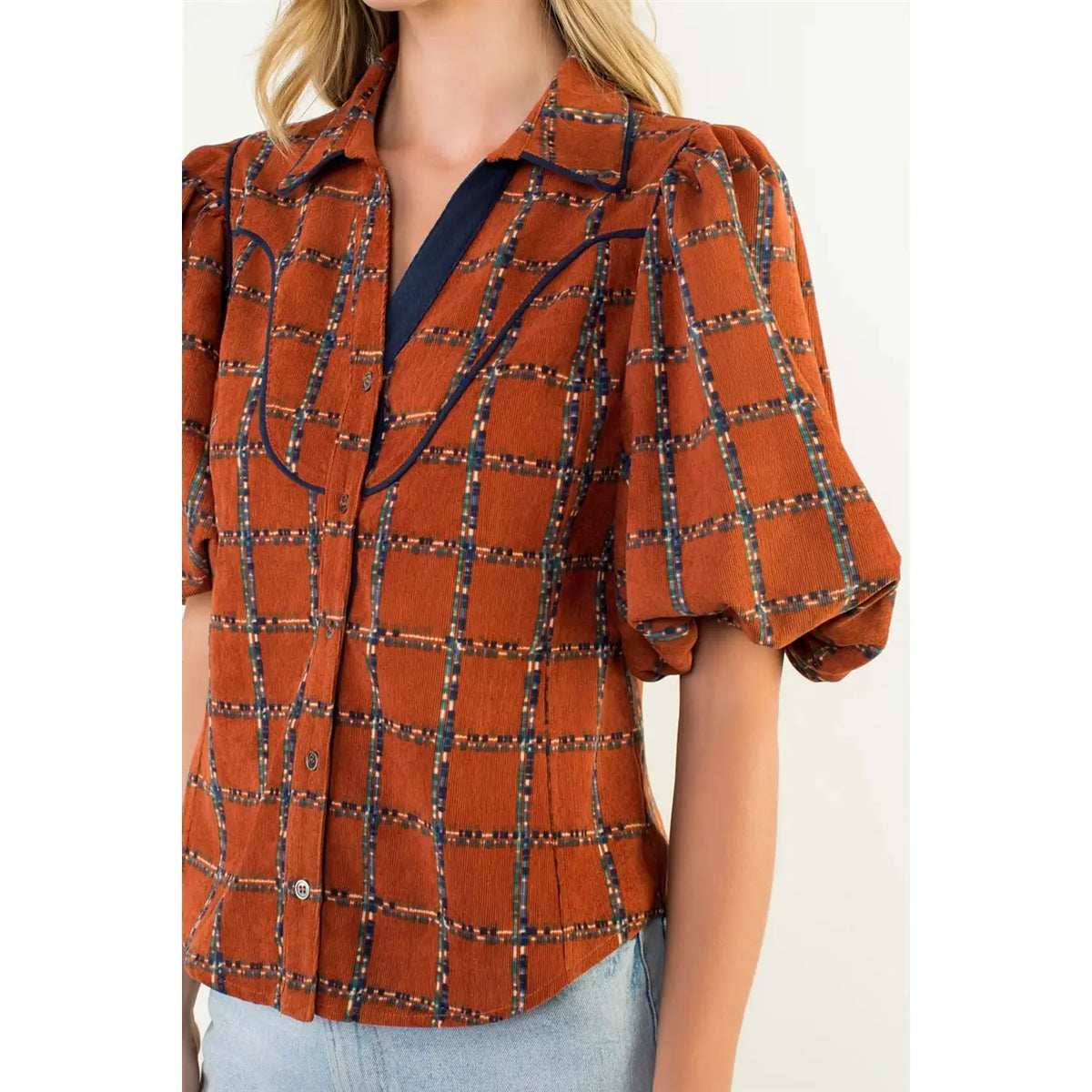 Puff Sleeve Plaid Corduroy Top