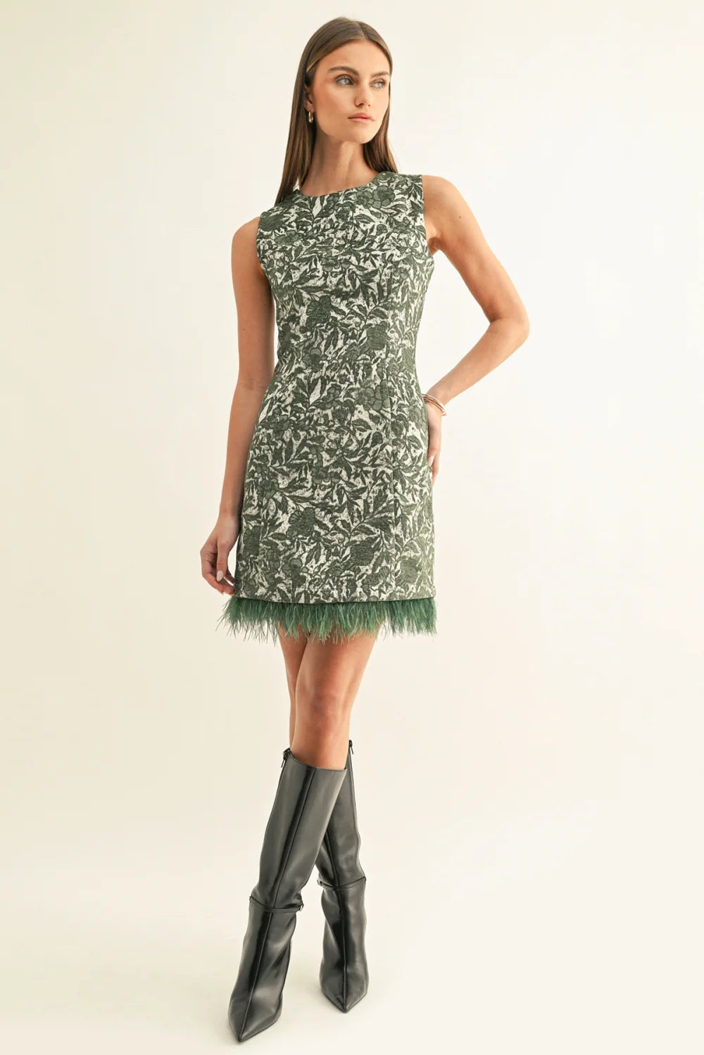 Faux Feather Hem Sleeveless Jacquard Mini